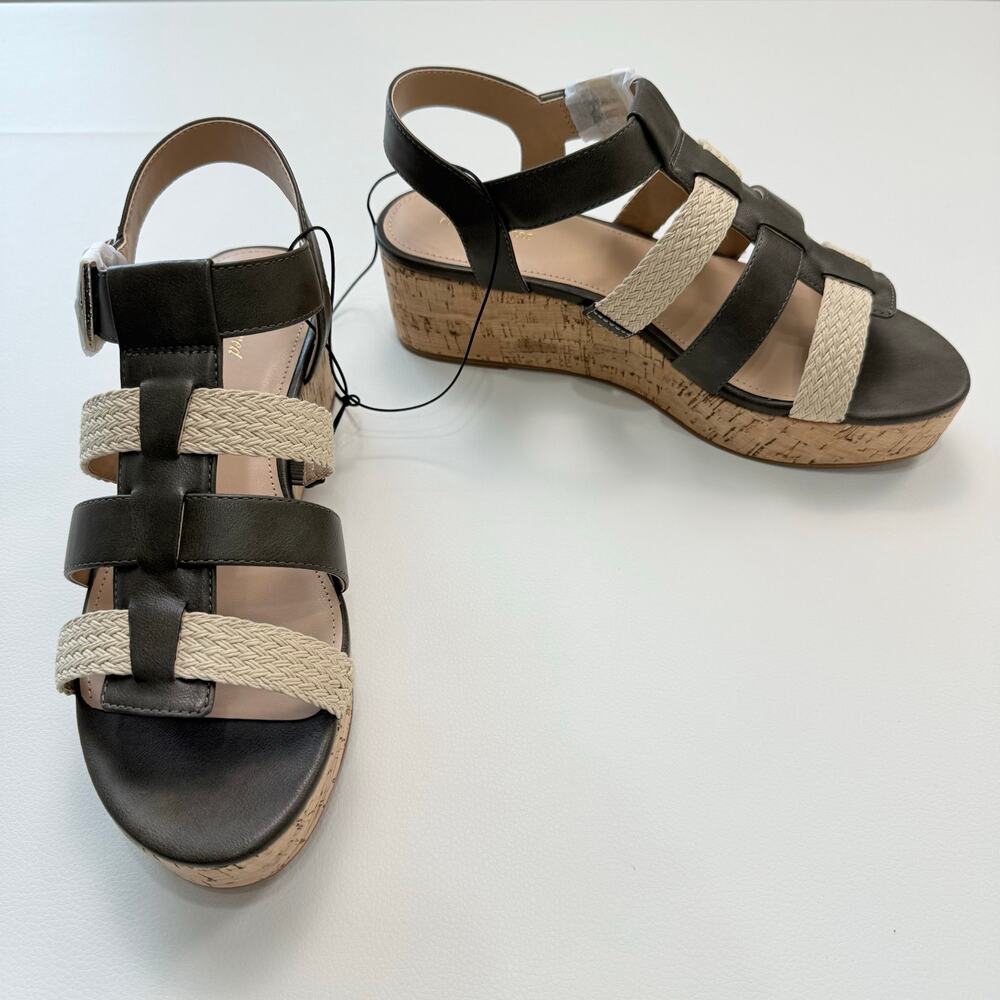 Violet & Red Sandals Womens 10 Capree Woven Braid Wedge Platform Olive Green Tan